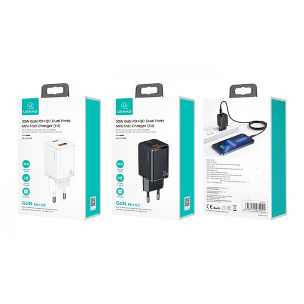 USAMS φορτιστής τοίχου CC144, USB-C & USB, PD & QC, 33W, λευκός