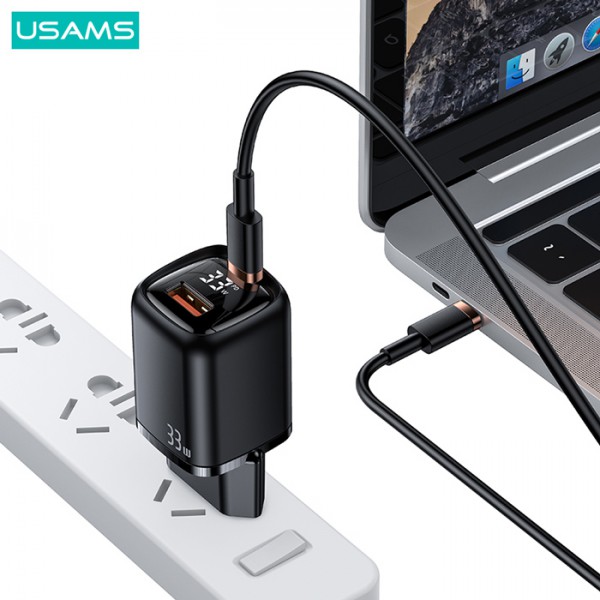 USAMS φορτιστής τοίχου CC152 με οθόνη, USB-C & USB, PD & QC, 33W, μαύρος USAMS φορτιστής τοίχου CC152 με οθόνη, USB-C & USB, PD & QC, 33W, μαύρος