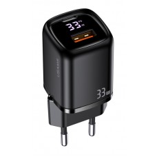 USAMS φορτιστής τοίχου CC152 με οθόνη, USB-C & USB, PD & QC, 33W, μαύρος