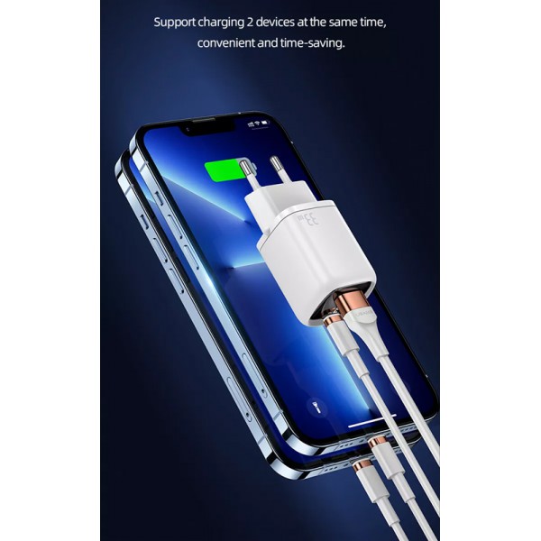 USAMS φορτιστής τοίχου CC152 με οθόνη, USB-C & USB, PD & QC, 33W, λευκός USAMS φορτιστής τοίχου CC152 με οθόνη, USB-C & USB, PD & QC, 33W, λευκός