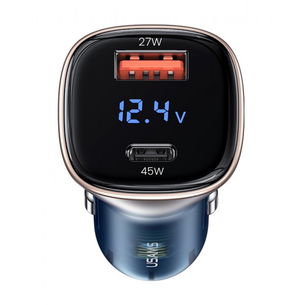 USAMS φορτιστής αυτοκινήτου CC155 με οθόνη, USB & USB-C, 72W, μπλε