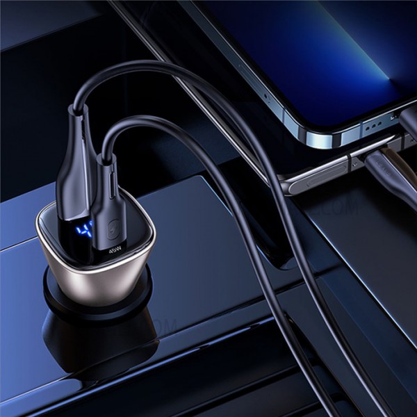 USAMS φορτιστής αυτοκινήτου CC155 με οθόνη, USB & USB-C, 72W, μπλε