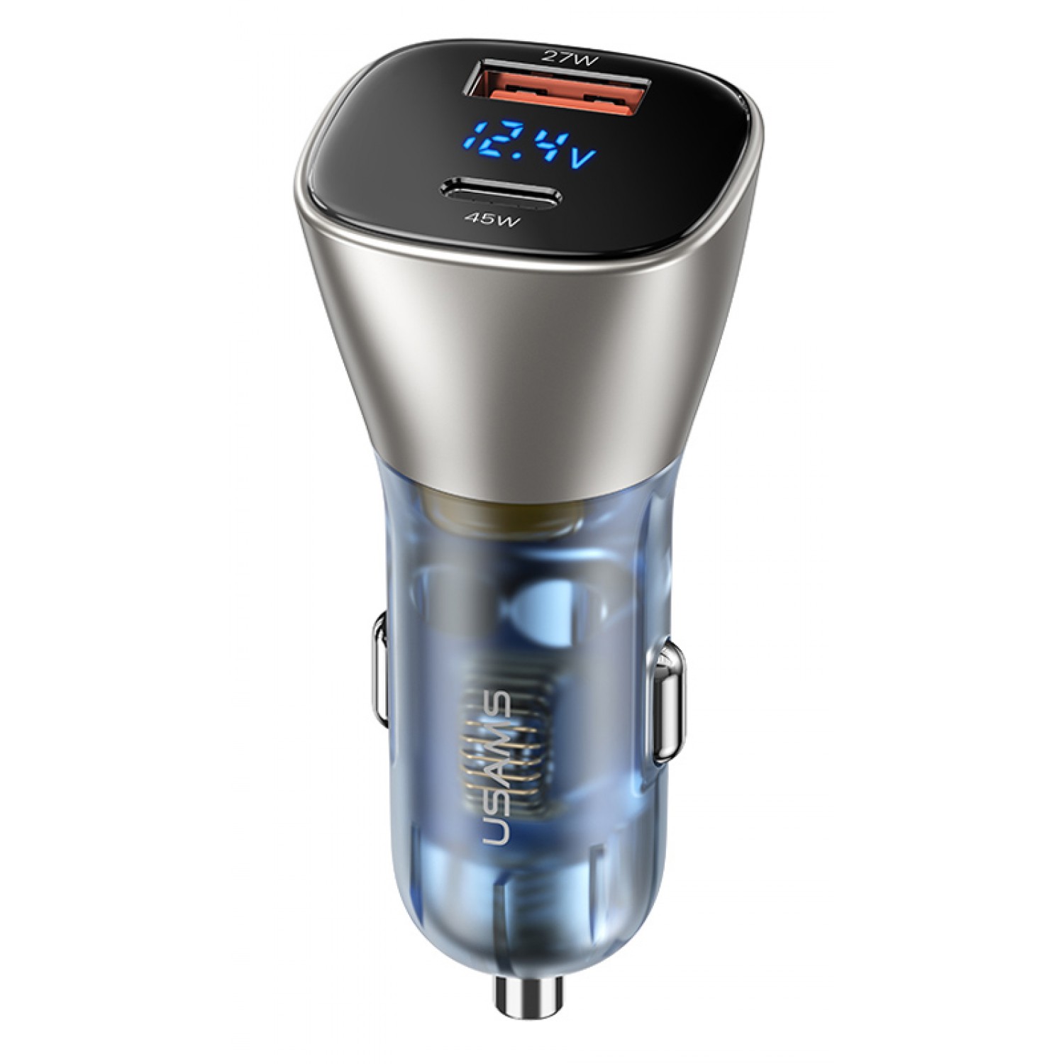 USAMS φορτιστής αυτοκινήτου CC155 με οθόνη, USB & USB-C, 72W, μπλε