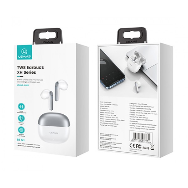 USAMS earphones με θήκη φόρτισης XH09, True Wireless, λευκά USAMS earphones με θήκη φόρτισης XH09, True Wireless, λευκά
