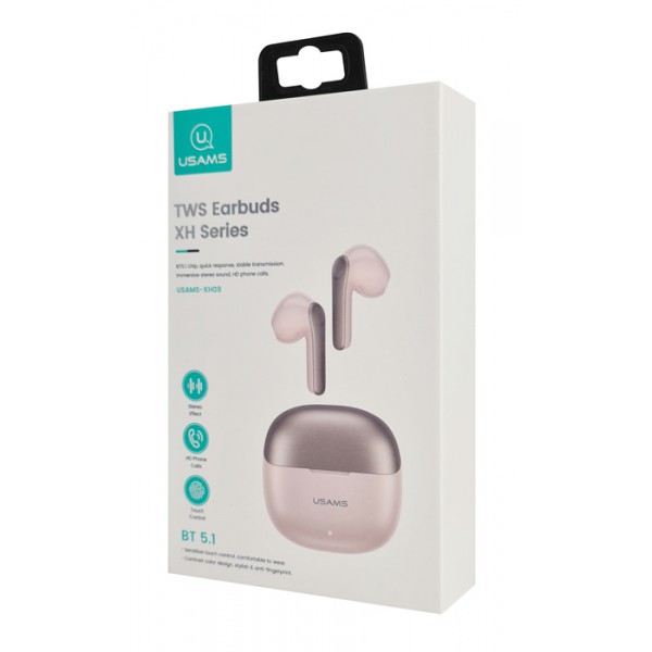 USAMS earphones με θήκη φόρτισης XH09, True Wireless, ροζ USAMS earphones με θήκη φόρτισης XH09, True Wireless, ροζ