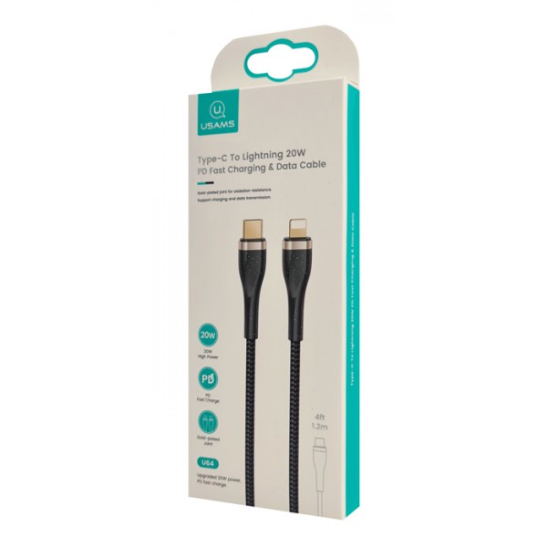 USAMS καλώδιο Lightning σε USB-C SJ489, 20W PD, 1.2m, μαύρο