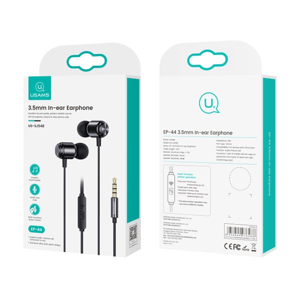 USAMS earphones με μικρόφωνο SJ548, 3.5mm, 1.2m, μαύρα