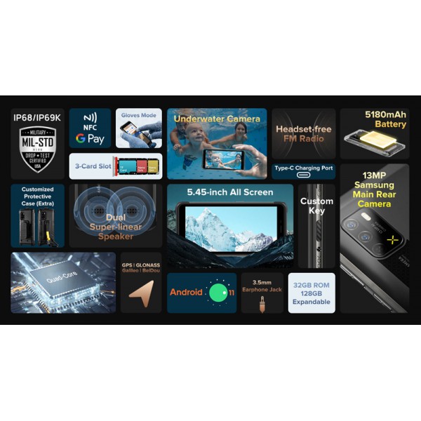 ULEFONE smartphone Armor X10, IP68/IP69K, 5.45", 4/32GB, 5180mAh, μαύρο