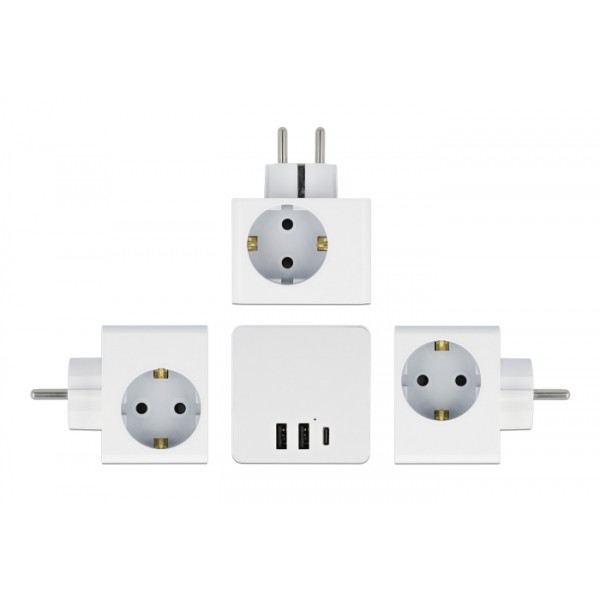 DELOCK πολύπριζο ρεύματος 11496, 3x schuko, USB-C & 2x USB, 16A, λευκός