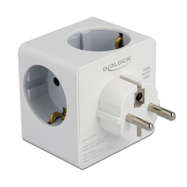DELOCK πολύπριζο ρεύματος 11496, 3x schuko, USB-C & 2x USB, 16A, λευκός