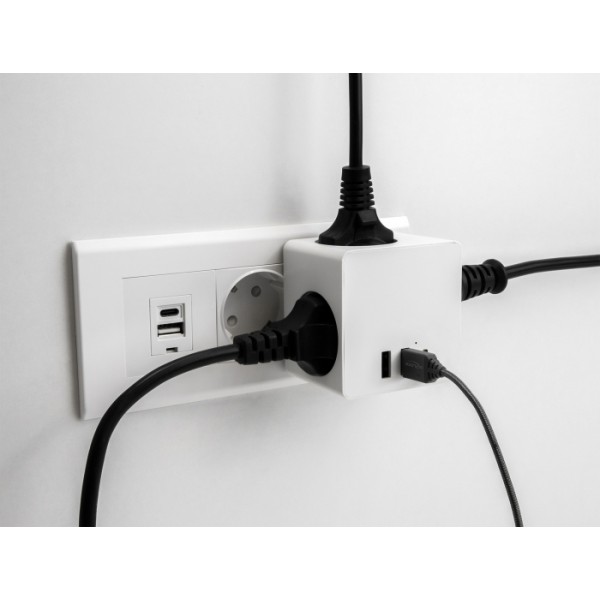 DELOCK πολύπριζο ρεύματος 11496, 3x schuko, USB-C & 2x USB, 16A, λευκός