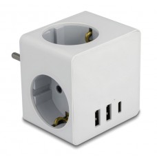 DELOCK πολύπριζο ρεύματος 11496, 3x schuko, USB-C & 2x USB, 16A, λευκός