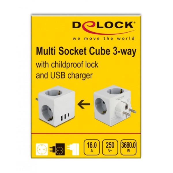DELOCK πολύπριζο ρεύματος 11496, 3x schuko, USB-C & 2x USB, 16A, λευκός