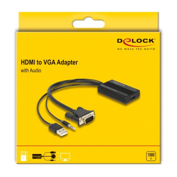 DELOCK αντάπτορας HDMI σε VGA & 3.5mm/USB 64172, 1080p, 25cm, μαύρος