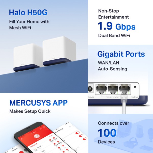 MERCUSYS Mesh Wi-Fi System Halo H50G, 1.9Gbps Dual Band, 3τμχ, Ver. 1.0 MERCUSYS Mesh Wi-Fi System Halo H50G, 1.9Gbps Dual Band, 3τμχ, Ver. 1.0