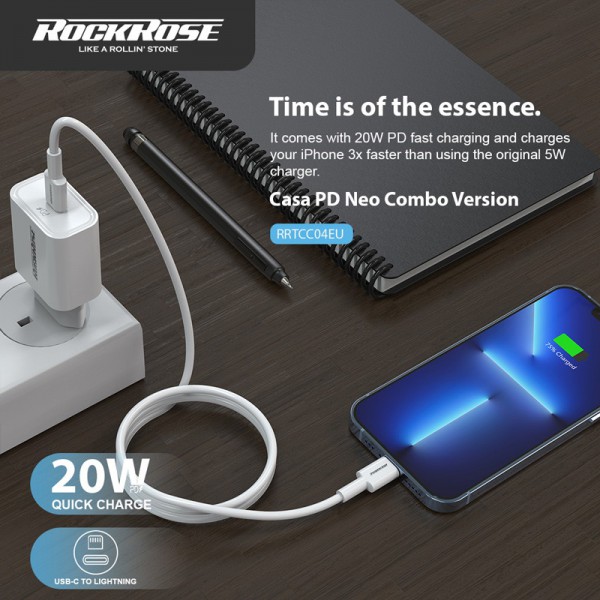 ROCKROSE φορτιστής τοίχου RRTCC04EU, καλώδιο Lightning, USB-C 20W, λευκό ROCKROSE φορτιστής τοίχου RRTCC04EU, καλώδιο Lightning, USB-C 20W, λευκό