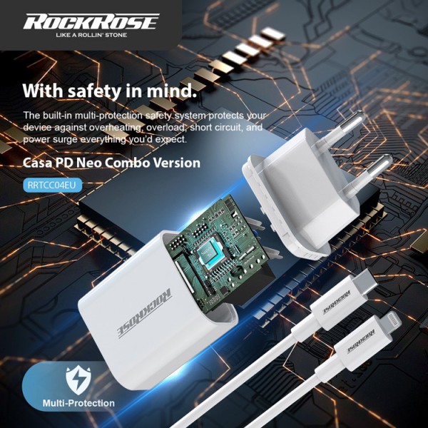 ROCKROSE φορτιστής τοίχου RRTCC04EU, καλώδιο Lightning, USB-C 20W, λευκό ROCKROSE φορτιστής τοίχου RRTCC04EU, καλώδιο Lightning, USB-C 20W, λευκό