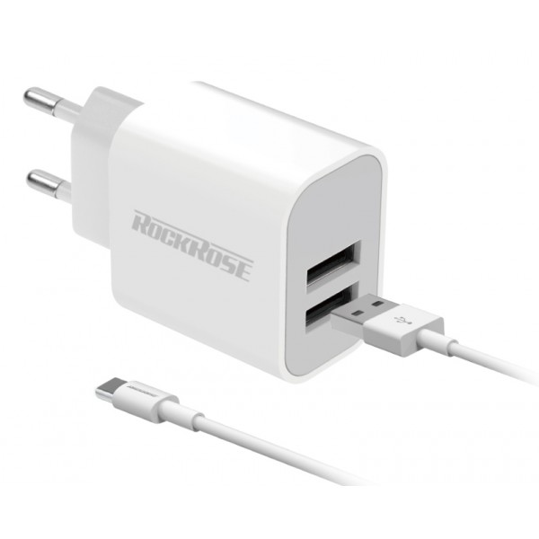 ROCKROSE φορτιστής τοίχου RRTCC02CEU, καλώδιο USB-C, 2x USB 12W, λευκός ROCKROSE φορτιστής τοίχου RRTCC02CEU, καλώδιο USB-C, 2x USB 12W, λευκός