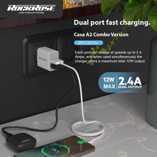 ROCKROSE φορτιστής τοίχου RRTCC02CEU, καλώδιο USB-C, 2x USB 12W, λευκός ROCKROSE φορτιστής τοίχου RRTCC02CEU, καλώδιο USB-C, 2x USB 12W, λευκός