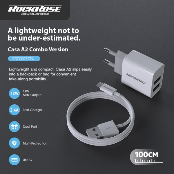 ROCKROSE φορτιστής τοίχου RRTCC02CEU, καλώδιο USB-C, 2x USB 12W, λευκός ROCKROSE φορτιστής τοίχου RRTCC02CEU, καλώδιο USB-C, 2x USB 12W, λευκός
