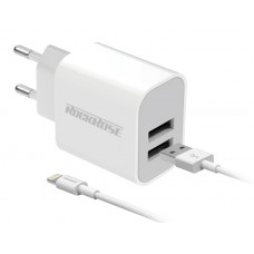 ROCKROSE φορτιστής τοίχου RRTCC02LEU καλώδιο Lightning, 2xUSB 12W, λευκό