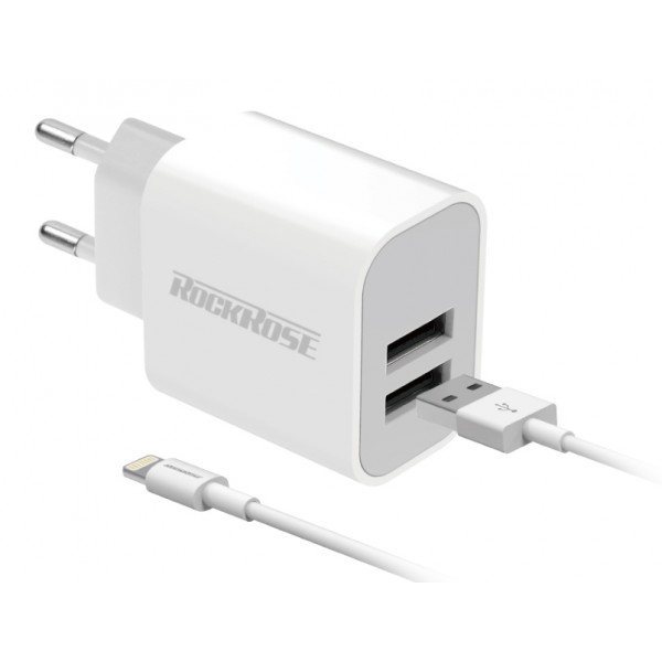 ROCKROSE φορτιστής τοίχου RRTCC02LEU καλώδιο Lightning, 2xUSB 12W, λευκό ROCKROSE φορτιστής τοίχου RRTCC02LEU καλώδιο Lightning, 2xUSB 12W, λευκό