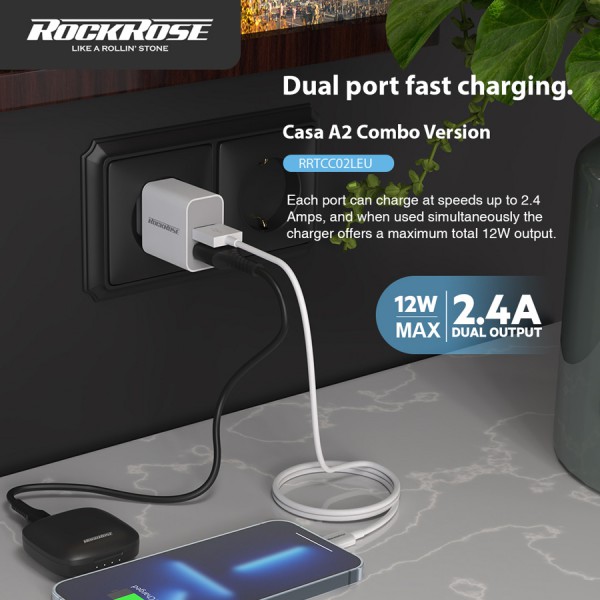 ROCKROSE φορτιστής τοίχου RRTCC02LEU καλώδιο Lightning, 2xUSB 12W, λευκό ROCKROSE φορτιστής τοίχου RRTCC02LEU καλώδιο Lightning, 2xUSB 12W, λευκό