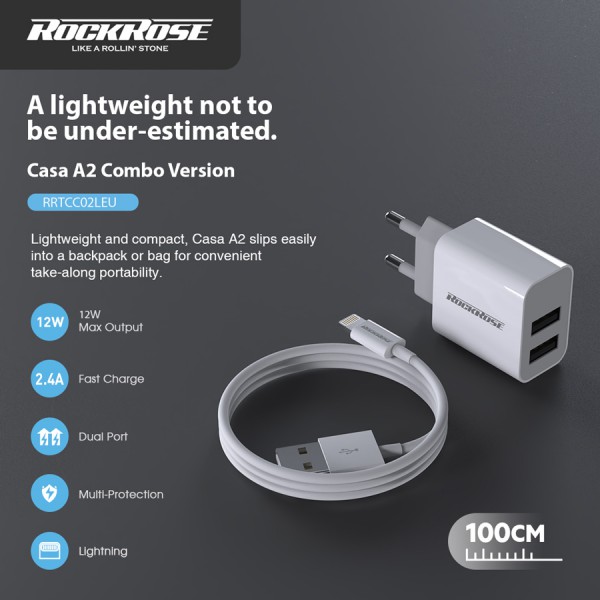 ROCKROSE φορτιστής τοίχου RRTCC02LEU καλώδιο Lightning, 2xUSB 12W, λευκό ROCKROSE φορτιστής τοίχου RRTCC02LEU καλώδιο Lightning, 2xUSB 12W, λευκό