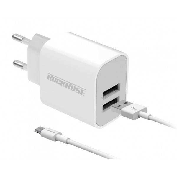 ROCKROSE φορτιστής τοίχου RRTCC02MEU, καλώδιο Micro, 2x USB 12W, λευκός ROCKROSE φορτιστής τοίχου RRTCC02MEU, καλώδιο Micro, 2x USB 12W, λευκός