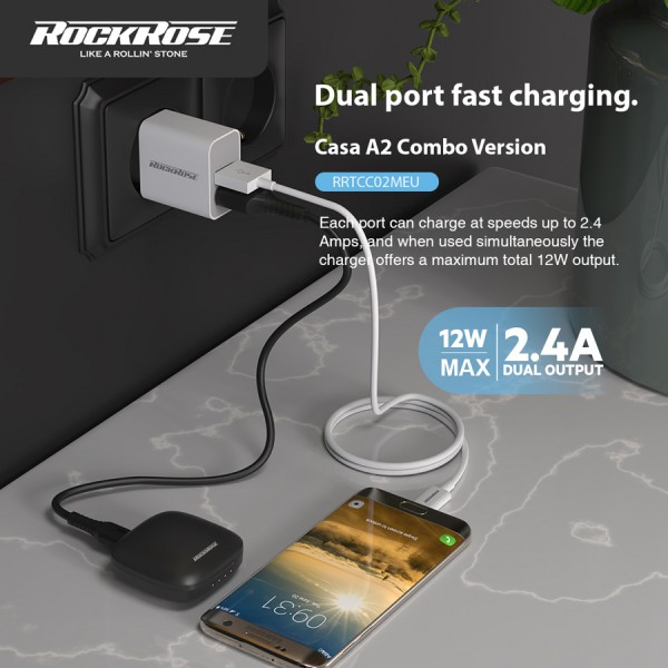 ROCKROSE φορτιστής τοίχου RRTCC02MEU, καλώδιο Micro, 2x USB 12W, λευκός ROCKROSE φορτιστής τοίχου RRTCC02MEU, καλώδιο Micro, 2x USB 12W, λευκός