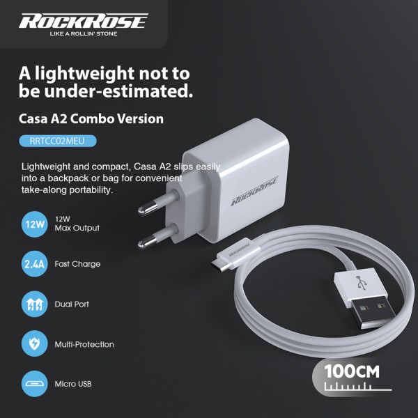 ROCKROSE φορτιστής τοίχου RRTCC02MEU, καλώδιο Micro, 2x USB 12W, λευκός ROCKROSE φορτιστής τοίχου RRTCC02MEU, καλώδιο Micro, 2x USB 12W, λευκός