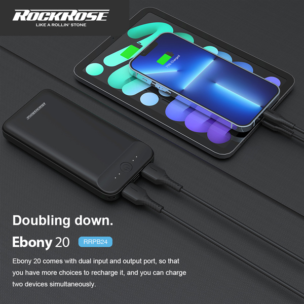 ROCKROSE power bank RRPB24, 20000mAh, 2x output, 2.1A, μαύρο ROCKROSE power bank RRPB24, 20000mAh, 2x output, 2.1A, μαύρο