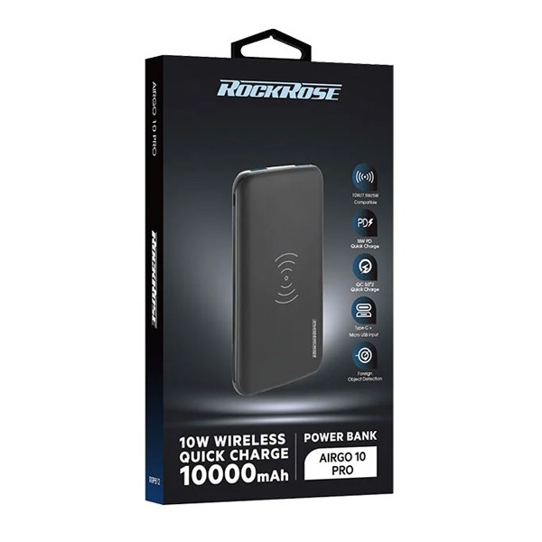ROCKROSE power bank RRPB12, 10000mAh, 3x output & wireless, 18W, μαύρο ROCKROSE power bank RRPB12, 10000mAh, 3x output & wireless, 18W, μαύρο