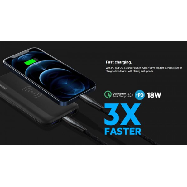 ROCKROSE power bank RRPB12, 10000mAh, 3x output & wireless, 18W, μαύρο ROCKROSE power bank RRPB12, 10000mAh, 3x output & wireless, 18W, μαύρο