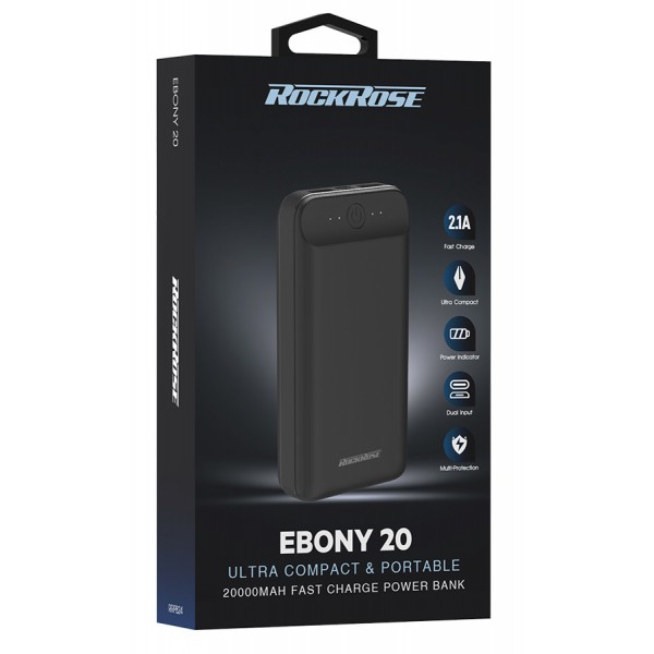 ROCKROSE power bank RRPB24, 20000mAh, 2x output, 2.1A, μαύρο ROCKROSE power bank RRPB24, 20000mAh, 2x output, 2.1A, μαύρο