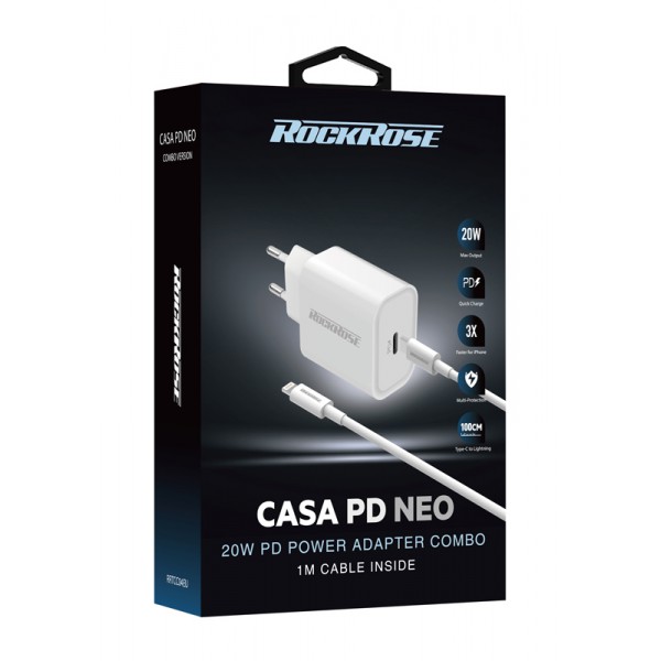 ROCKROSE φορτιστής τοίχου RRTCC04EU, καλώδιο Lightning, USB-C 20W, λευκό ROCKROSE φορτιστής τοίχου RRTCC04EU, καλώδιο Lightning, USB-C 20W, λευκό