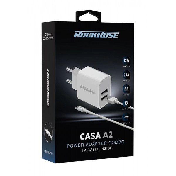 ROCKROSE φορτιστής τοίχου RRTCC02CEU, καλώδιο USB-C, 2x USB 12W, λευκός ROCKROSE φορτιστής τοίχου RRTCC02CEU, καλώδιο USB-C, 2x USB 12W, λευκός