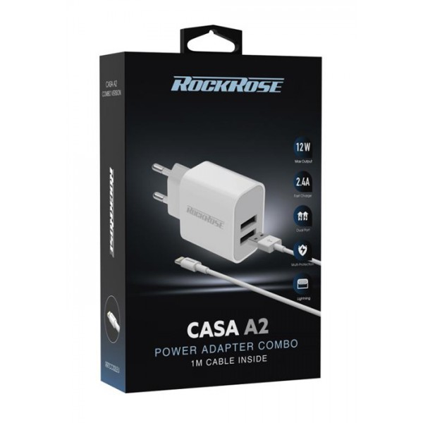 ROCKROSE φορτιστής τοίχου RRTCC02LEU καλώδιο Lightning, 2xUSB 12W, λευκό ROCKROSE φορτιστής τοίχου RRTCC02LEU καλώδιο Lightning, 2xUSB 12W, λευκό
