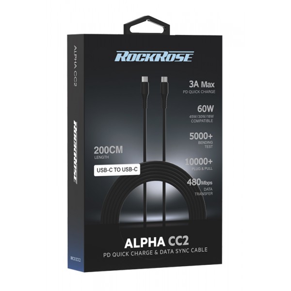 ROCKROSE καλώδιο USB-C Alpha CC2, 3A 60W, 2m, μαύρο ROCKROSE καλώδιο USB-C Alpha CC2, 3A 60W, 2m, μαύρο