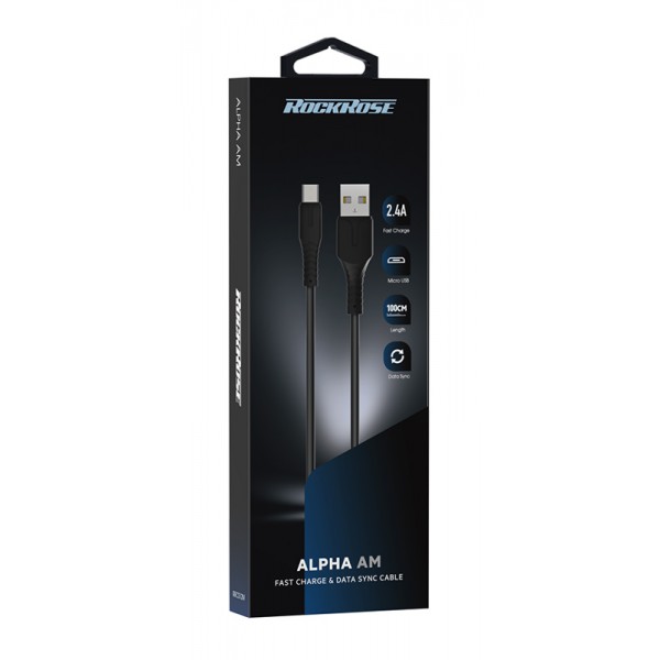 ROCKROSE καλώδιο USB σε Micro USB Alpha AM, 2.4A 12W, 1m, μαύρο ROCKROSE καλώδιο USB σε Micro USB Alpha AM, 2.4A 12W, 1m, μαύρο