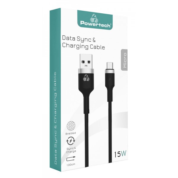 POWERTECH καλώδιο USB σε Micro USB metal PTR-0094, 15W 3A, 1m, μαύρο POWERTECH καλώδιο USB σε Micro USB metal PTR-0094, 15W 3A, 1m, μαύρο