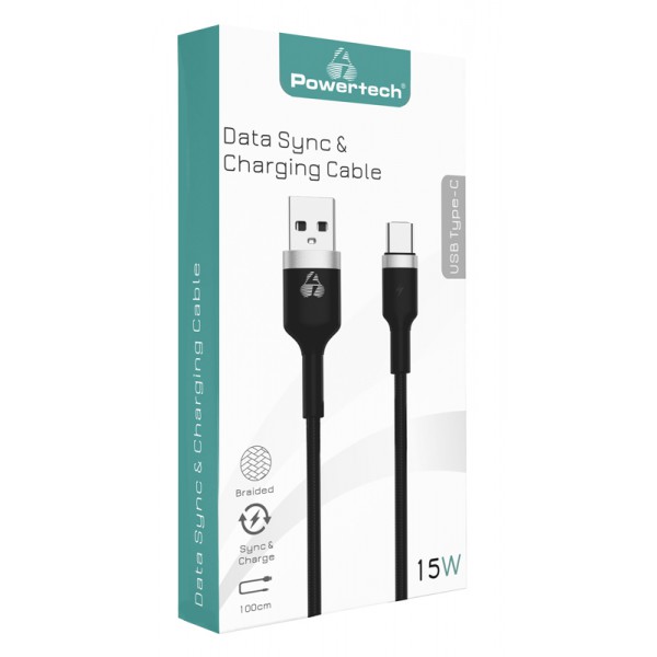 POWERTECH καλώδιο USB σε USB-C metal PTR-0096, 15W 3A, 1m, μαύρο POWERTECH καλώδιο USB σε USB-C metal PTR-0096, 15W 3A, 1m, μαύρο