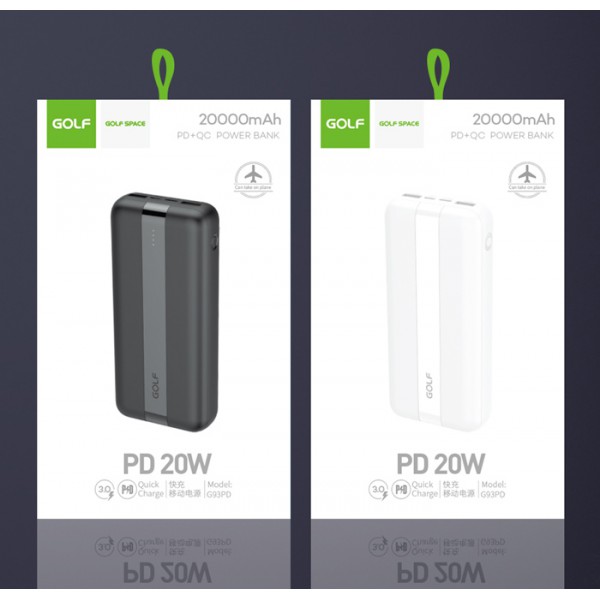 GOLF power bank G93PD, 20000mAh, 3x output, 20W, PD & QC 3.0, μαύρο GOLF power bank G93PD, 20000mAh, 3x output, 20W, PD & QC 3.0, μαύρο