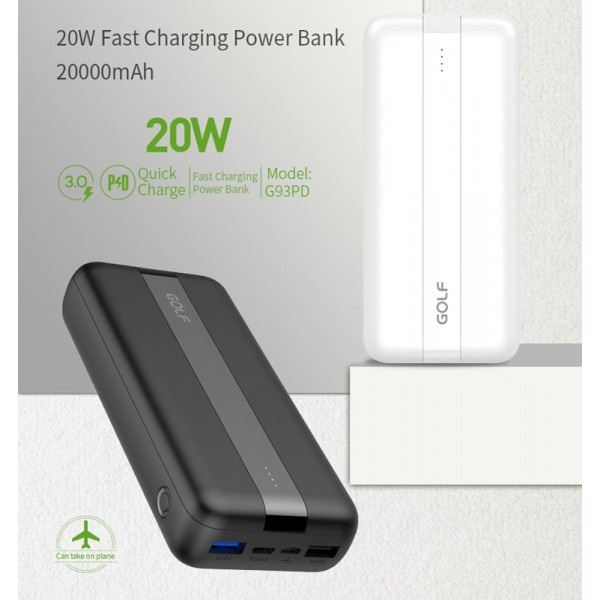 GOLF power bank G93PD, 20000mAh, 3x output, 20W, PD & QC 3.0, μαύρο GOLF power bank G93PD, 20000mAh, 3x output, 20W, PD & QC 3.0, μαύρο