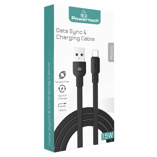 POWERTECH καλώδιο USB σε Micro USB armor PTR-0097, 15W 3A, 1m, μαύρο POWERTECH καλώδιο USB σε Micro USB armor PTR-0097, 15W 3A, 1m, μαύρο