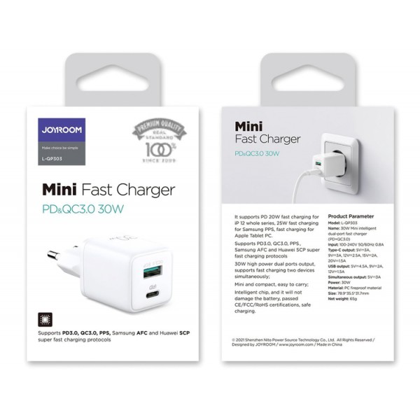 JOYROOM φορτιστής τοίχου L-QP303, USB-C & USB, PD & QC, 30W, λευκός JOYROOM φορτιστής τοίχου L-QP303, USB-C & USB, PD & QC, 30W, λευκός