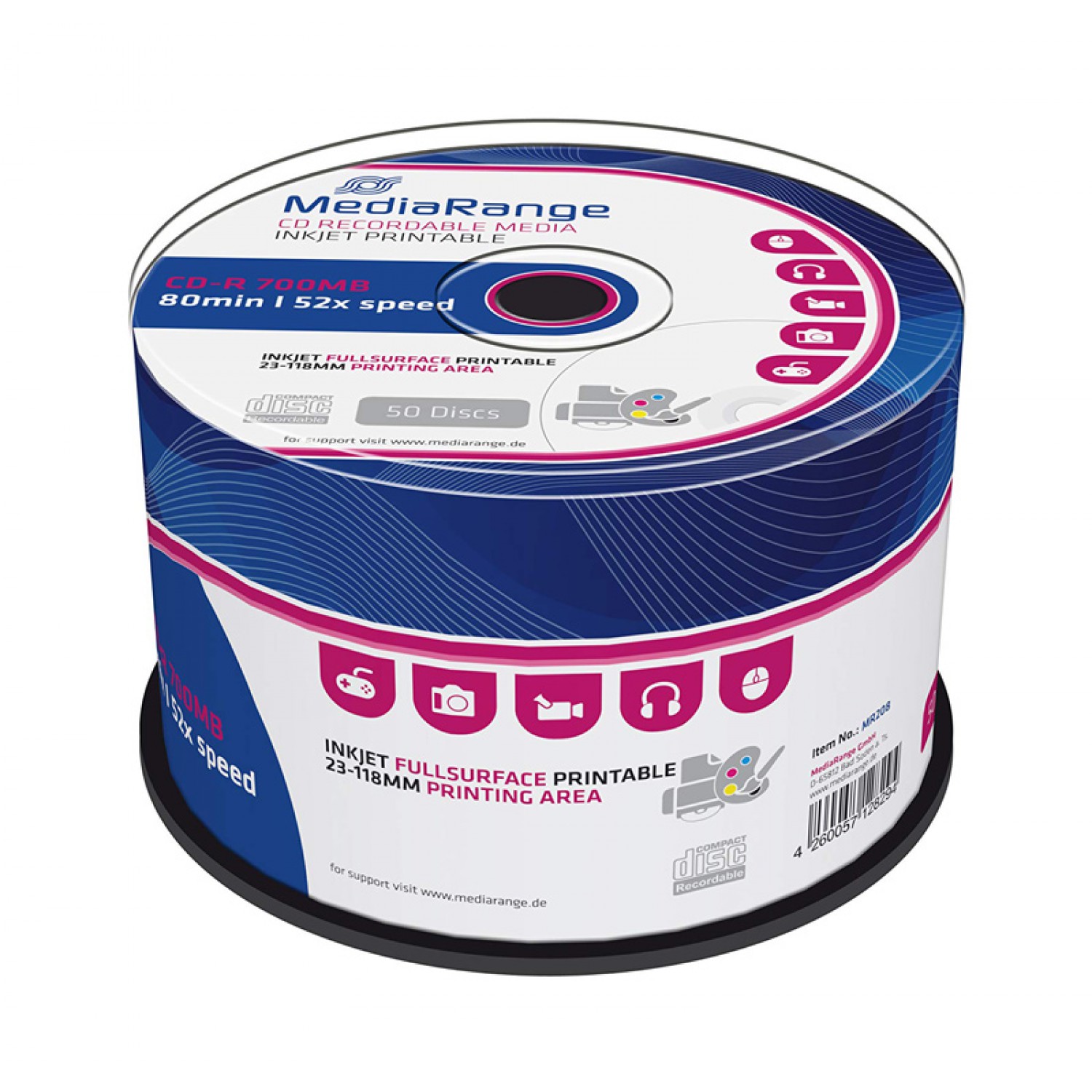 MEDIARANGE CD-R 52x 700MB, inkjet FF printable, cake box, 50τμχ MEDIARANGE CD-R 52x 700MB, inkjet FF printable, cake box, 50τμχ