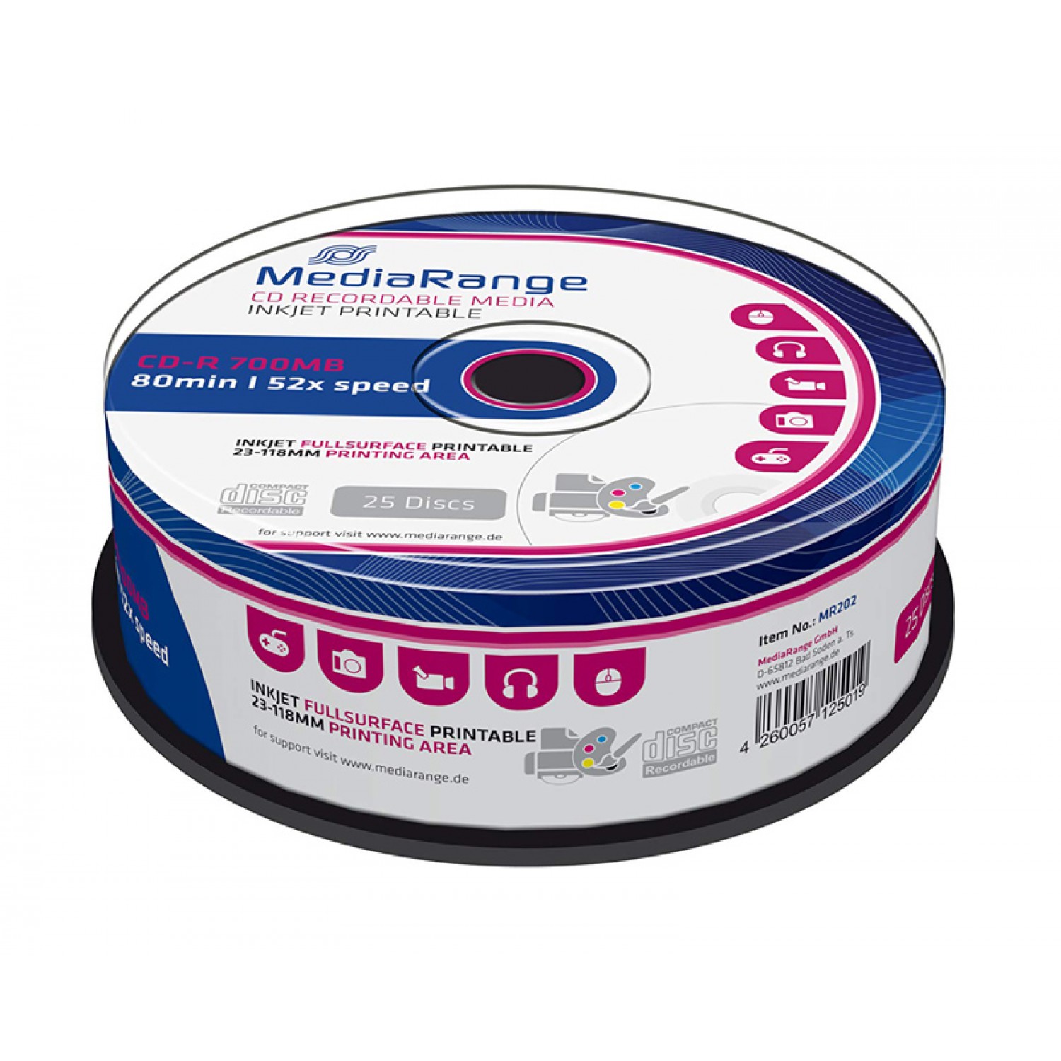 MEDIARANGE CD-R 52x 700MB, inkjet FF printable, cake box, 25τμχ MEDIARANGE CD-R 52x 700MB, inkjet FF printable, cake box, 25τμχ