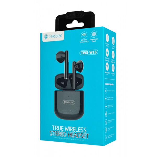 CELEBRAT earphones με θήκη φόρτισης W16, True Wireless, μαύρα CELEBRAT earphones με θήκη φόρτισης W16, True Wireless, μαύρα