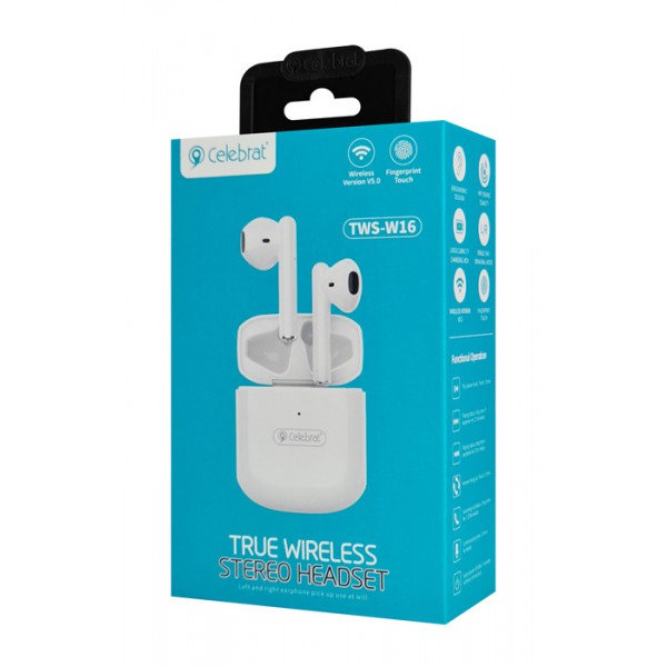 CELEBRAT earphones με θήκη φόρτισης W16, True Wireless, λευκά CELEBRAT earphones με θήκη φόρτισης W16, True Wireless, λευκά